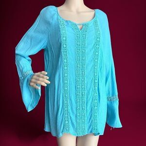 Krazy Kay turquoise blouse bell sleeve